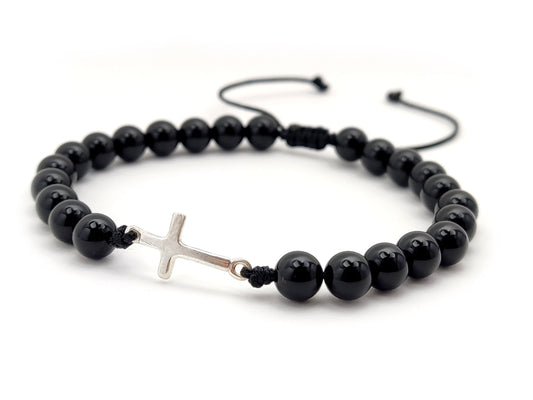 Greek Silver Bracelet, Onyx Jewelry, Silver Cross Bracelet Made With Natural Onyx Black Stones 6mm, Griechischer Silber Armband, Adjustable