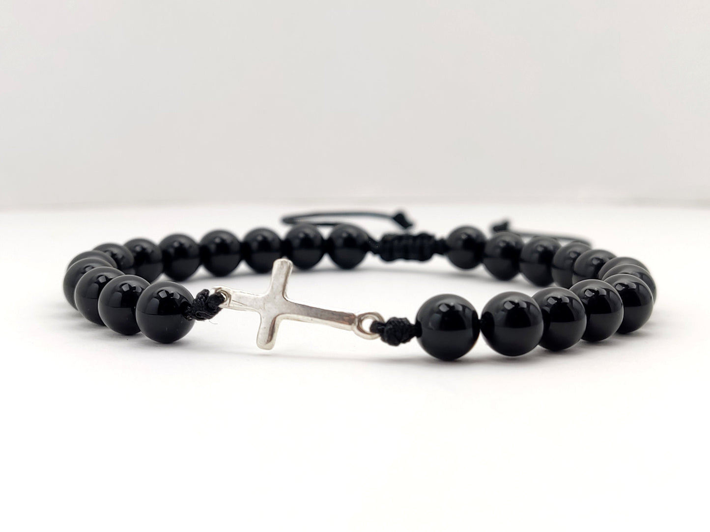 Greek Silver Bracelet, Onyx Jewelry, Silver Cross Bracelet Made With Natural Onyx Black Stones 6mm, Griechischer Silber Armband, Adjustable