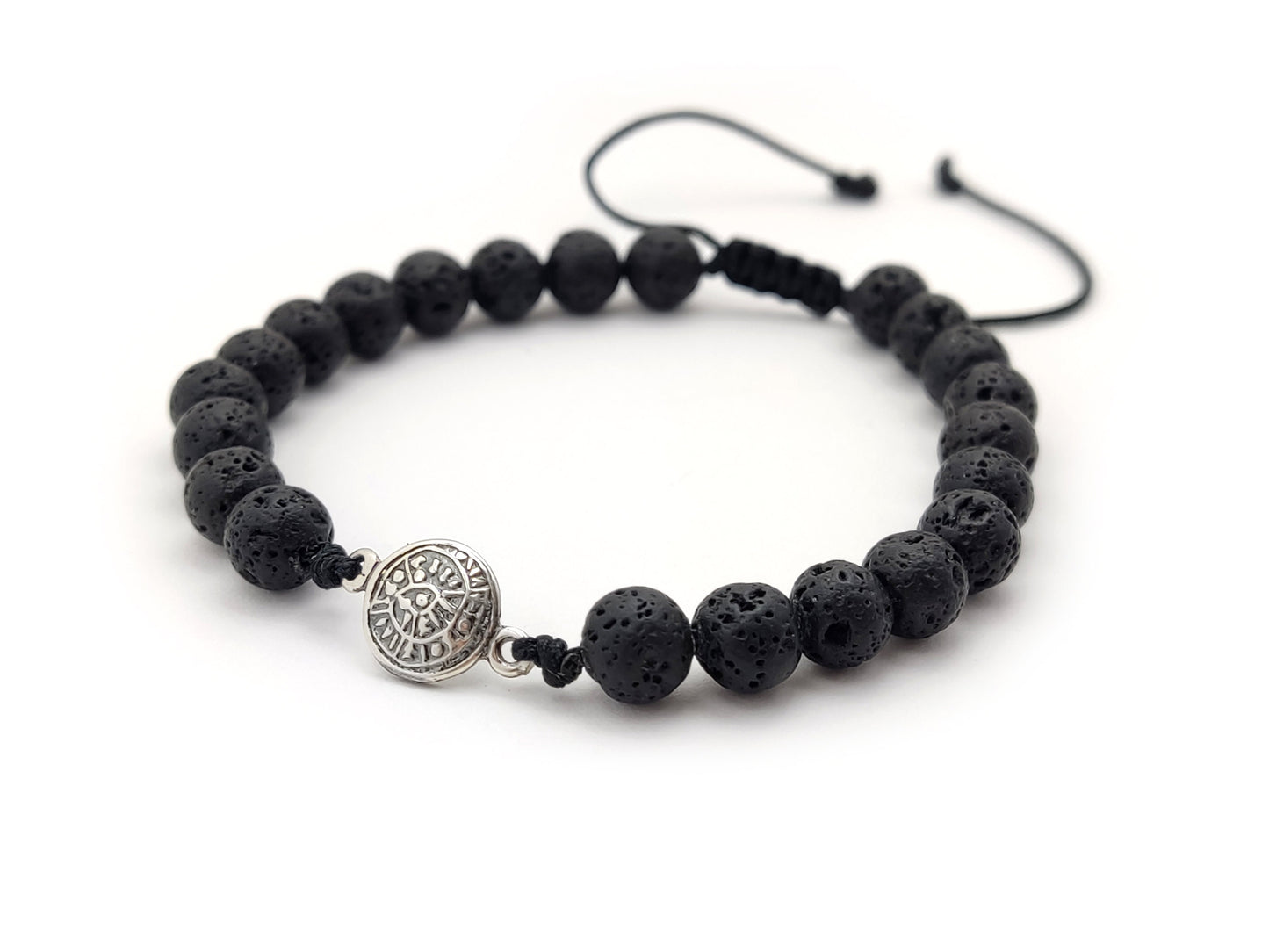 Greek Silver Bracelet, Lava Jewelry, Phaistos Disc Bracelet Made With Black Lava Stones 6mm, Griechischer Silber Armband, Bijoux, Creete