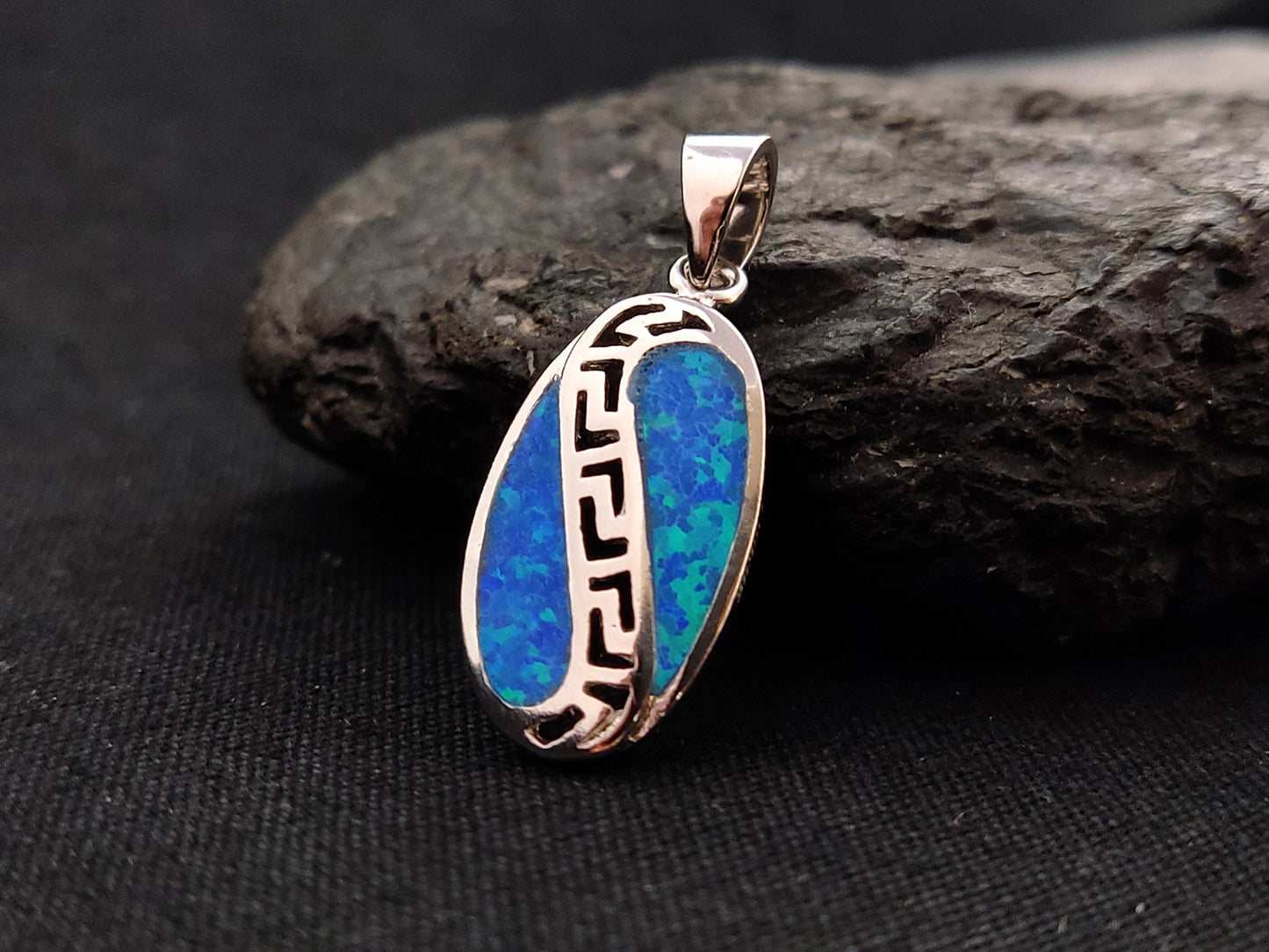 Sterling Silver 925 Oval Fire Rainbow Blue Opal 11x20mm, Greek Key Meander Pendant, Griechisches Silber Herz Anhanger Seestern Schmuck