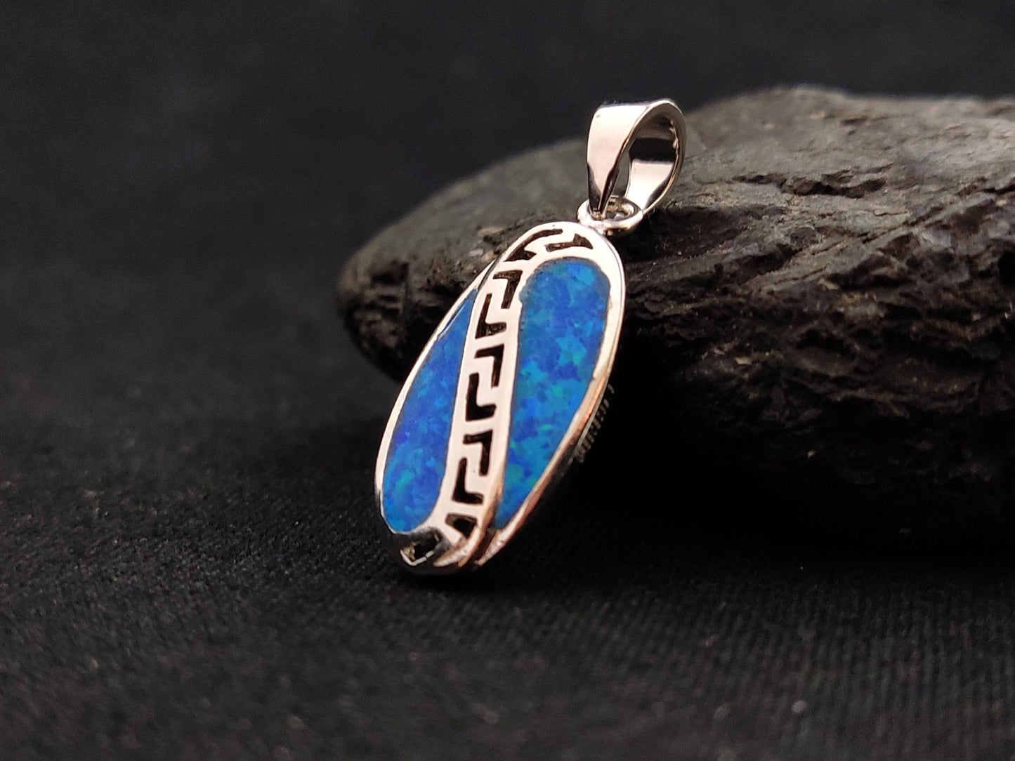 Sterling Silver 925 Oval Fire Rainbow Blue Opal 11x20mm, Greek Key Meander Pendant, Griechisches Silber Herz Anhanger Seestern Schmuck