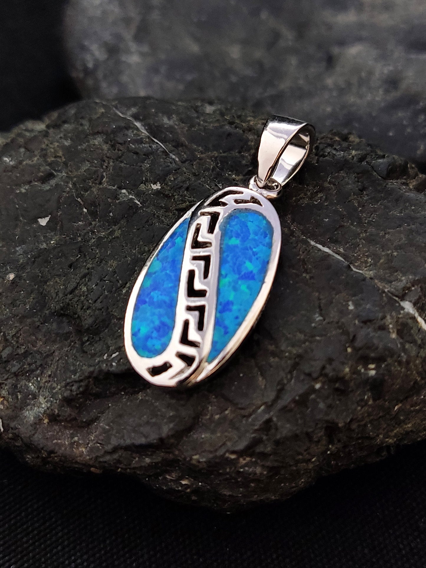 Sterling Silver 925 Oval Fire Rainbow Blue Opal 11x20mm, Greek Key Meander Pendant, Griechisches Silber Herz Anhanger Seestern Schmuck