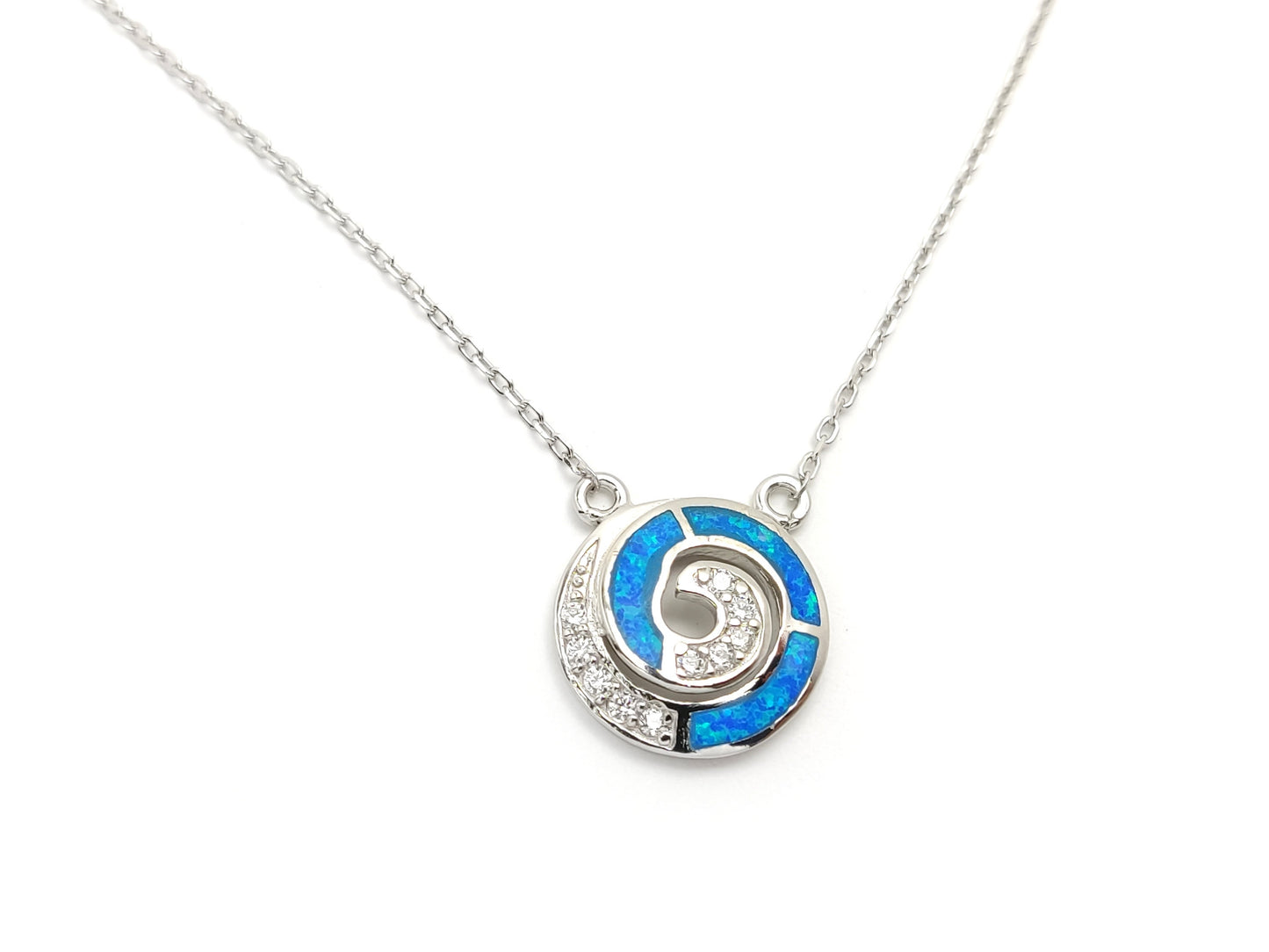 Greek Silver Necklace, Circle Of Life Infinity Spiral Design Ocean Blue Opal Chain Pendant, Jewelry From Greece, Griechischer Silber Schmuck