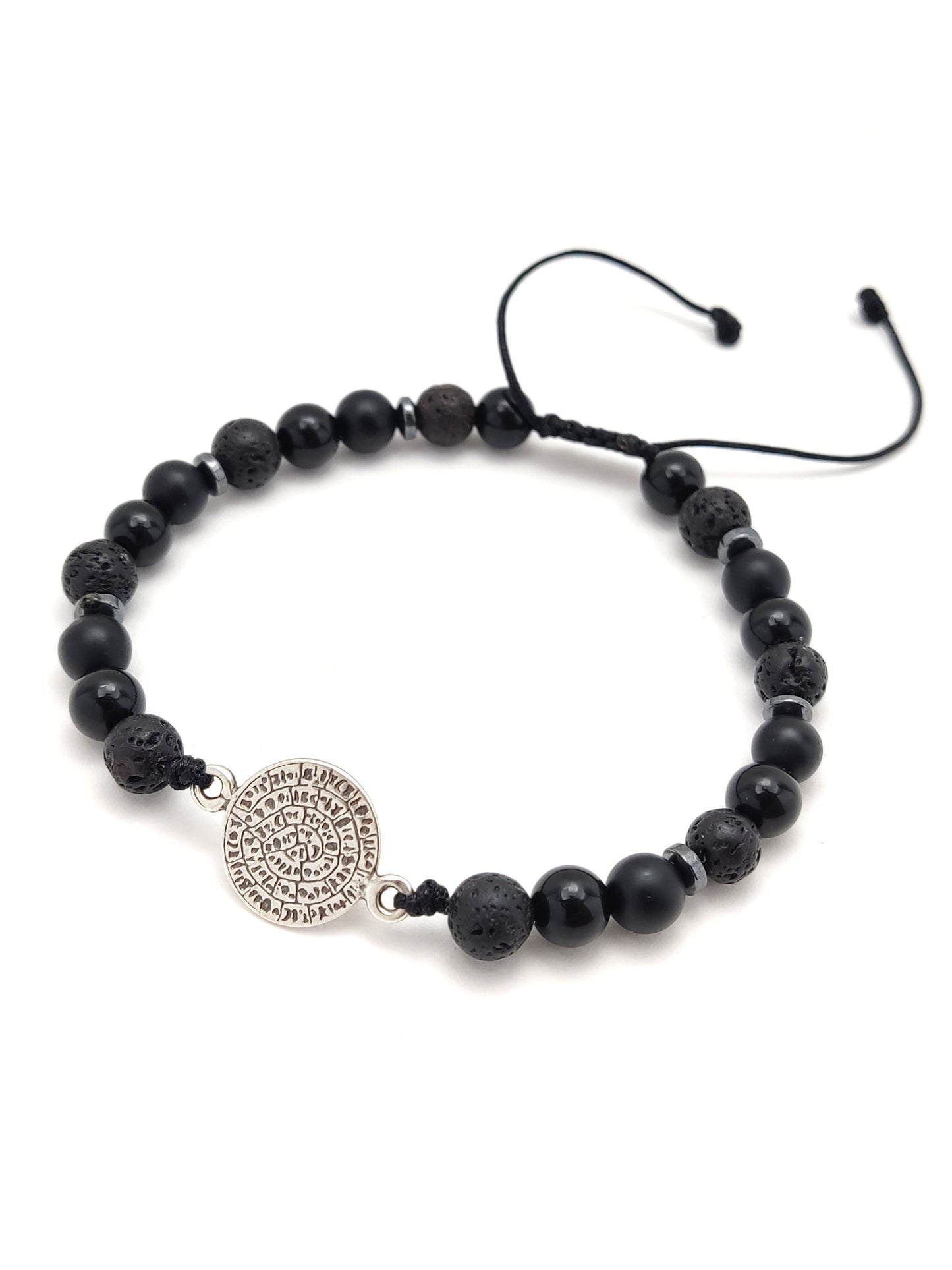 Sterling Silver 925 Phaistos Disc Bracelet Made With Lava And Onyx Stones, Volcanic Lava From Santorini Greece, Bijoux De Grece,