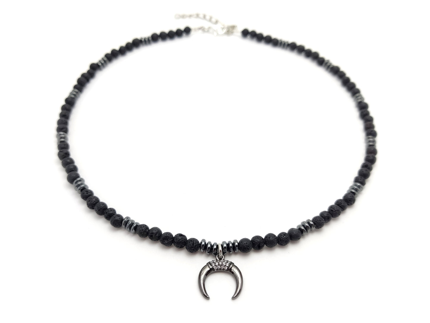 Volcanic Lava Greek Necklace Horns Pendant, Mens Womens Unisex Jewelry From Greece, Trendy Fashion Black Stones Good Luck Necklaces, Lava