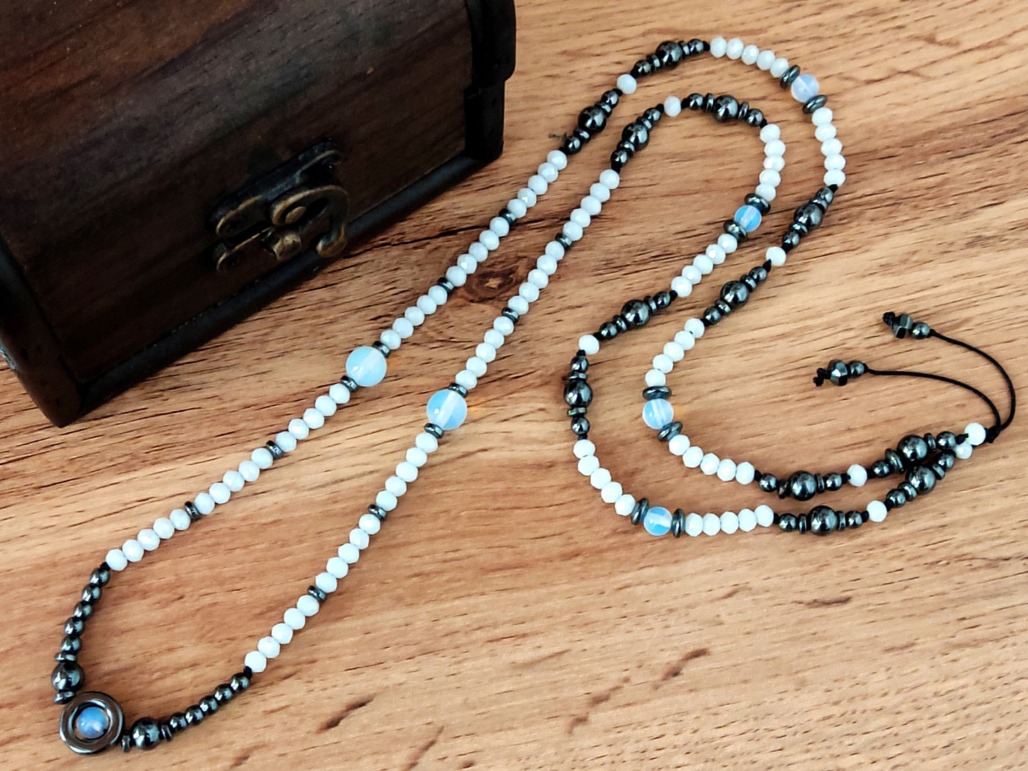 Long Crystal Moonstone White Stones Greek Necklace 75cm - 29.2inch, Men Women Green Natural Moonstone Hematite Necklace, White Necklace