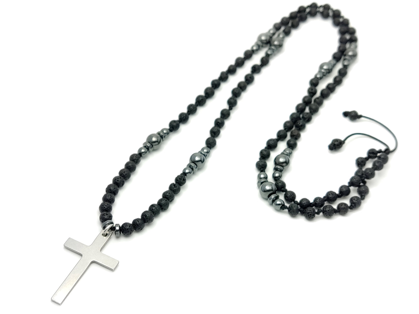 Long Lava Stones Cross Necklace 70cm - 27.3inch, Men Women Black Volcanic Stones Hematite Necklace, Stainless Steel Cross, Santorini Jewelry
