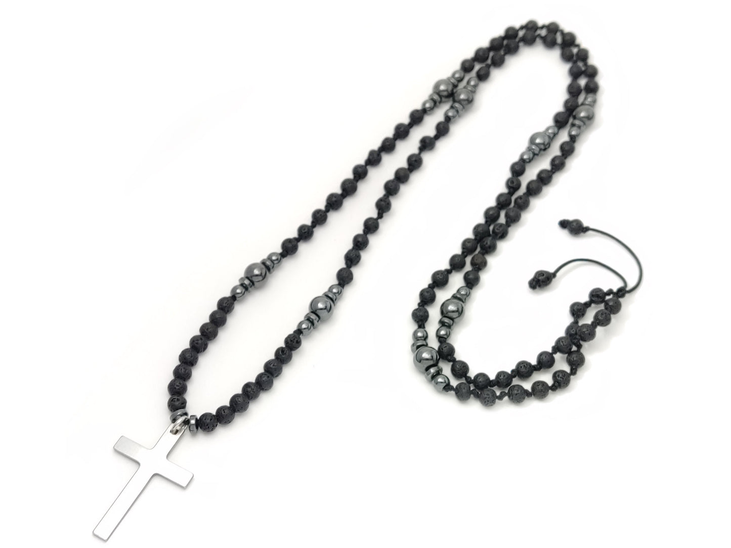 Long Lava Stones Cross Necklace 70cm - 27.3inch, Men Women Black Volcanic Stones Hematite Necklace, Stainless Steel Cross, Santorini Jewelry