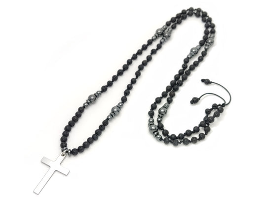 Long Lava Stones Cross Necklace 70cm - 27.3inch, Men Women Black Volcanic Stones Hematite Necklace, Stainless Steel Cross, Santorini Jewelry