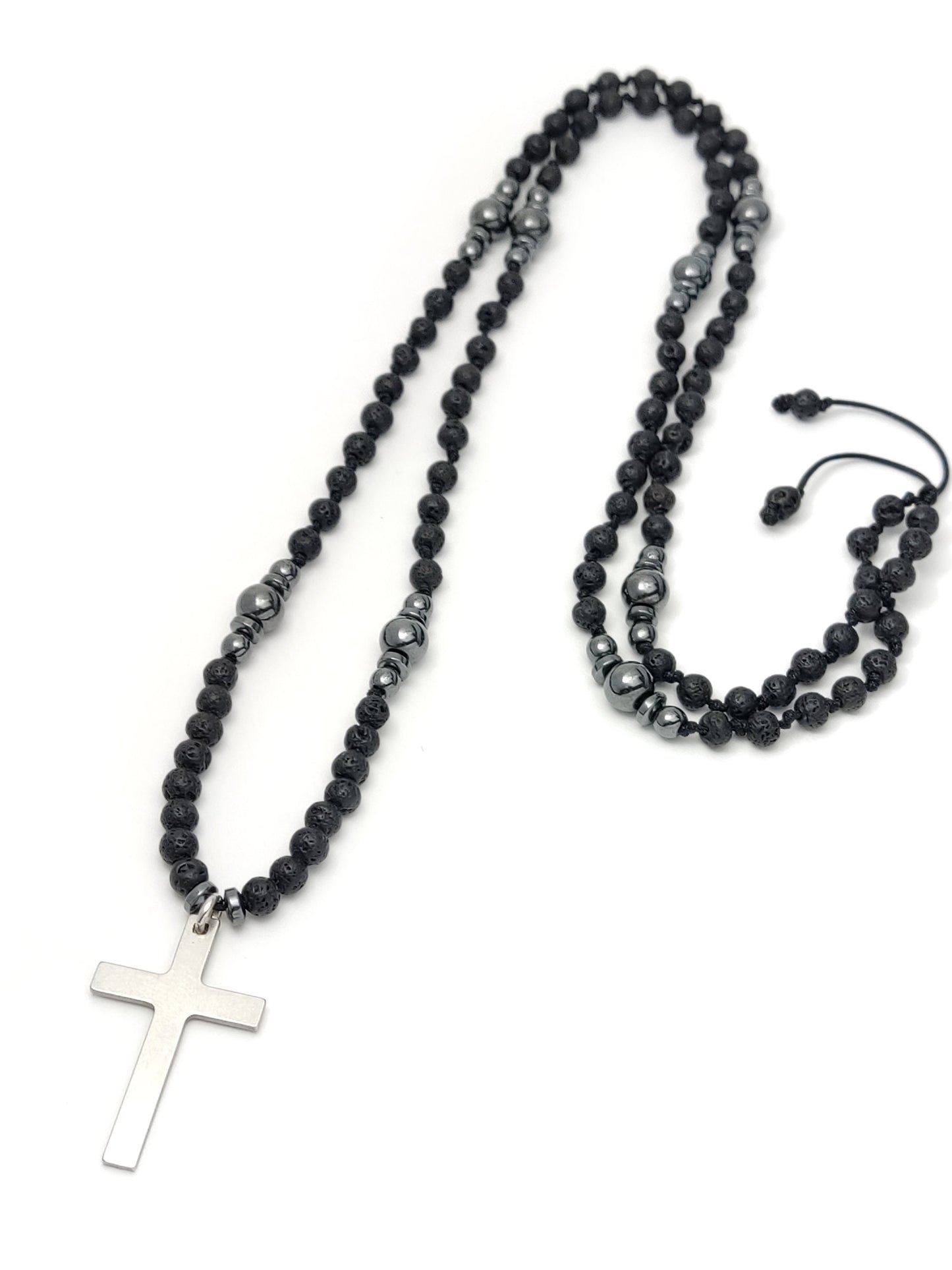 Long Lava Stones Cross Necklace 70cm - 27.3inch, Men Women Black Volcanic Stones Hematite Necklace, Stainless Steel Cross, Santorini Jewelry