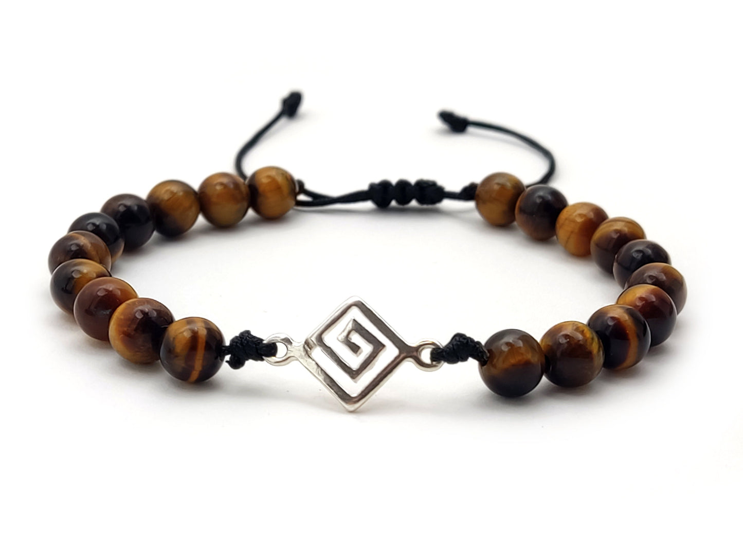 Greek Silver Bracelet, Tiger Eye Jewelry, Meander Bracelet Made With Natural Tiger Eye Stones 6mm, Griechischer Silber Armband, Bijoux Grece
