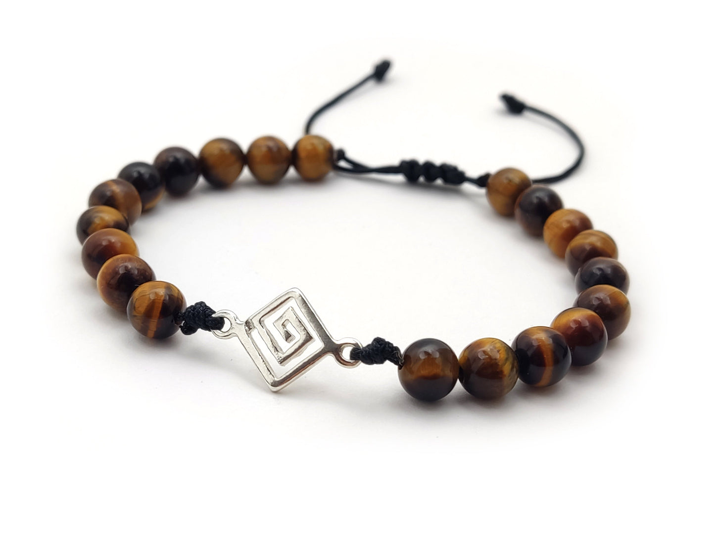 Greek Silver Bracelet, Tiger Eye Jewelry, Meander Bracelet Made With Natural Tiger Eye Stones 6mm, Griechischer Silber Armband, Bijoux Grece