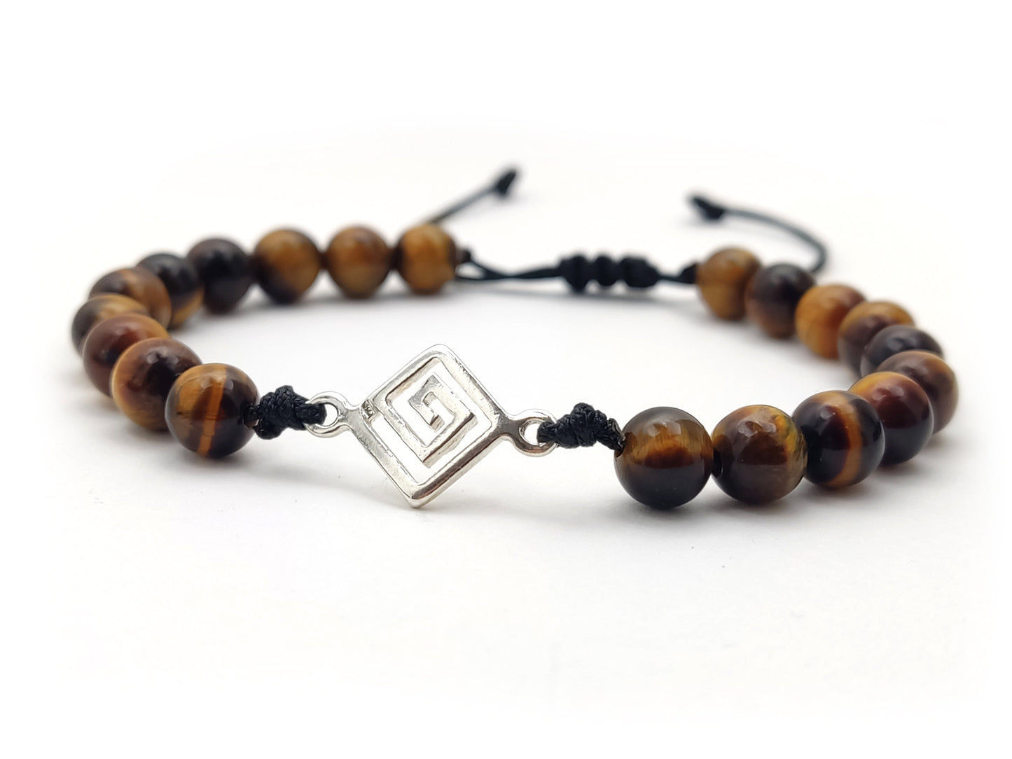 Greek Silver Bracelet, Tiger Eye Jewelry, Meander Bracelet Made With Natural Tiger Eye Stones 6mm, Griechischer Silber Armband, Bijoux Grece