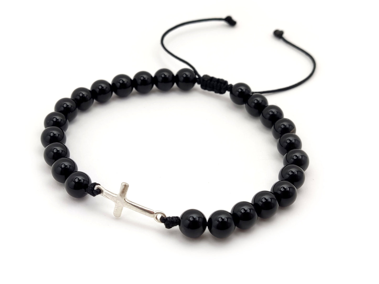 Greek Silver Bracelet, Onyx Jewelry, Silver Cross Bracelet Made With Natural Onyx Black Stones 6mm, Griechischer Silber Armband, Adjustable