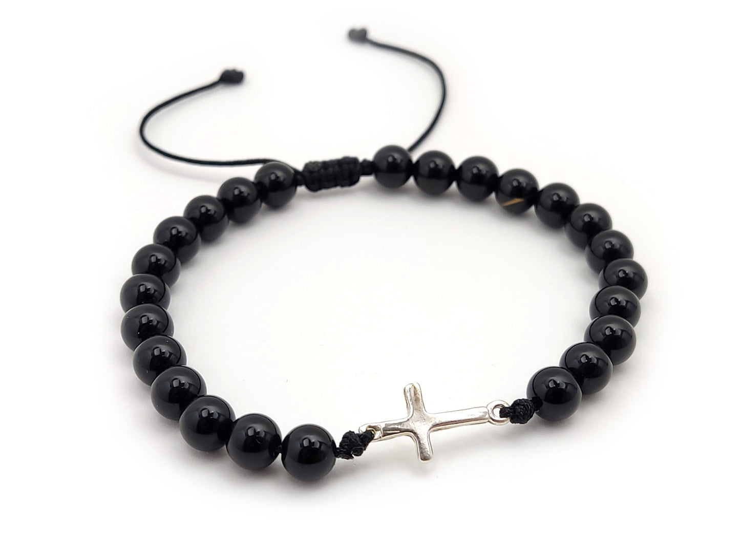 Greek Silver Bracelet, Onyx Jewelry, Silver Cross Bracelet Made With Natural Onyx Black Stones 6mm, Griechischer Silber Armband, Adjustable