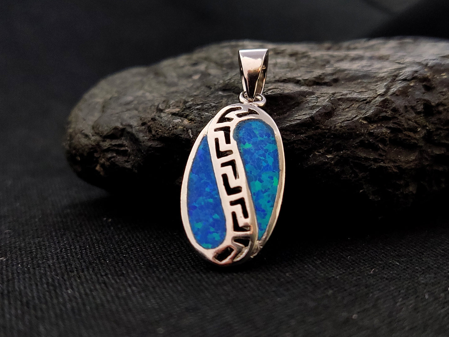 Sterling Silver 925 Oval Fire Rainbow Blue Opal 11x20mm, Greek Key Meander Pendant, Griechisches Silber Herz Anhanger Seestern Schmuck