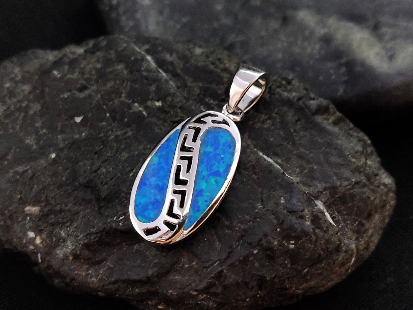 Sterling Silver 925 Oval Fire Rainbow Blue Opal 11x20mm, Greek Key Meander Pendant, Griechisches Silber Herz Anhanger Seestern Schmuck