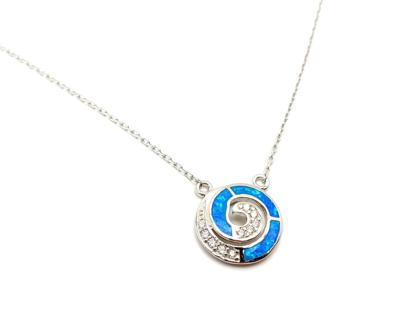 Greek Silver Necklace, Circle Of Life Infinity Spiral Design Ocean Blue Opal Chain Pendant, Jewelry From Greece, Griechischer Silber Schmuck