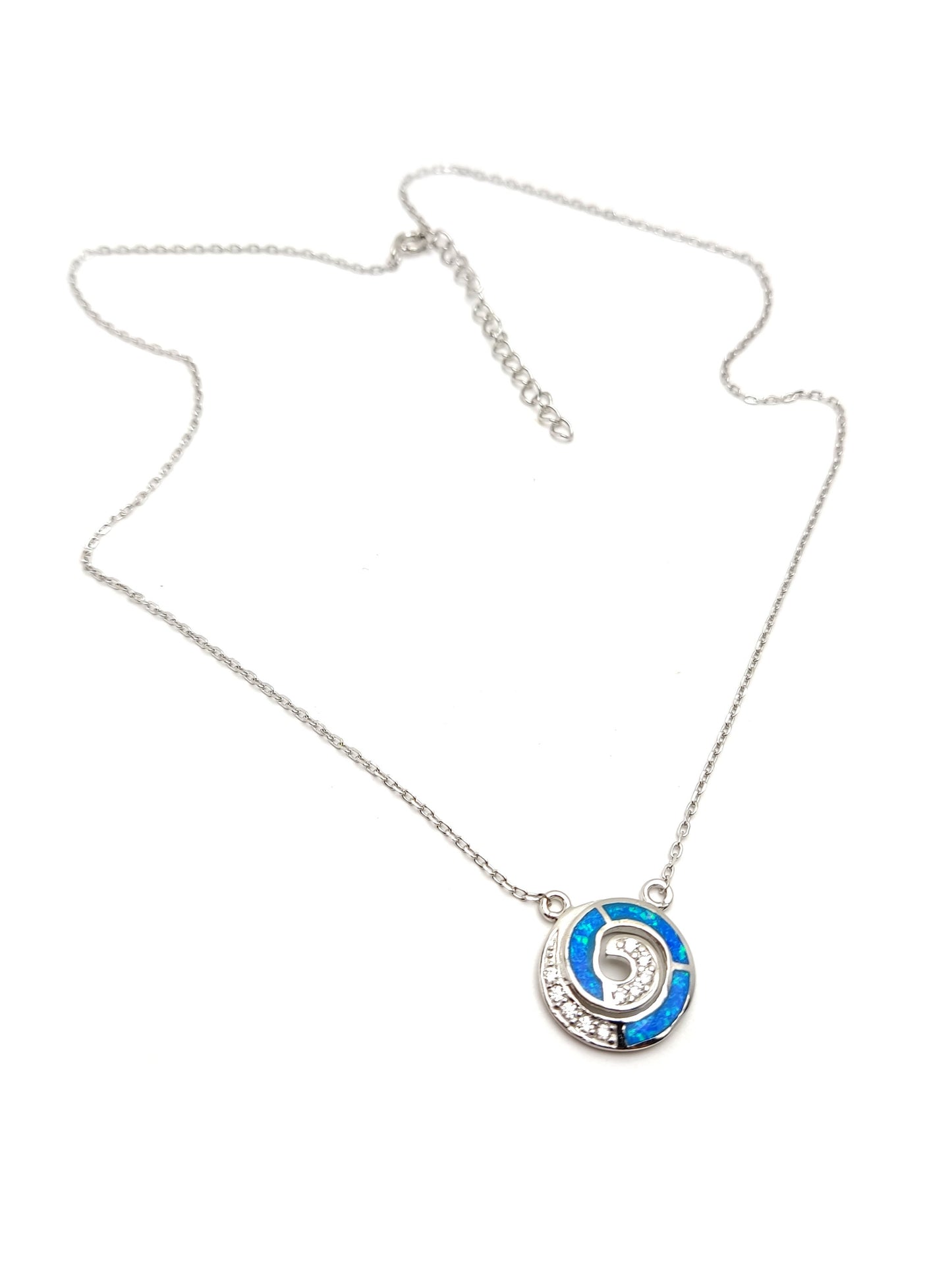 Greek Silver Necklace, Circle Of Life Infinity Spiral Design Ocean Blue Opal Chain Pendant, Jewelry From Greece, Griechischer Silber Schmuck