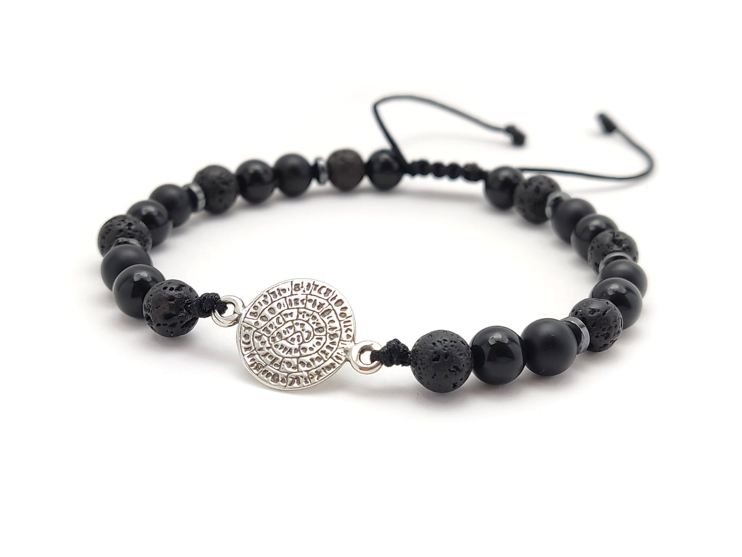 Sterling Silver 925 Phaistos Disc Bracelet Made With Lava And Onyx Stones, Volcanic Lava From Santorini Greece, Bijoux De Grece,