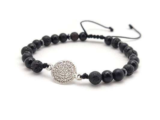 Sterling Silver 925 Phaistos Disc Bracelet Made With Lava And Onyx Stones, Volcanic Lava From Santorini Greece, Bijoux De Grece,