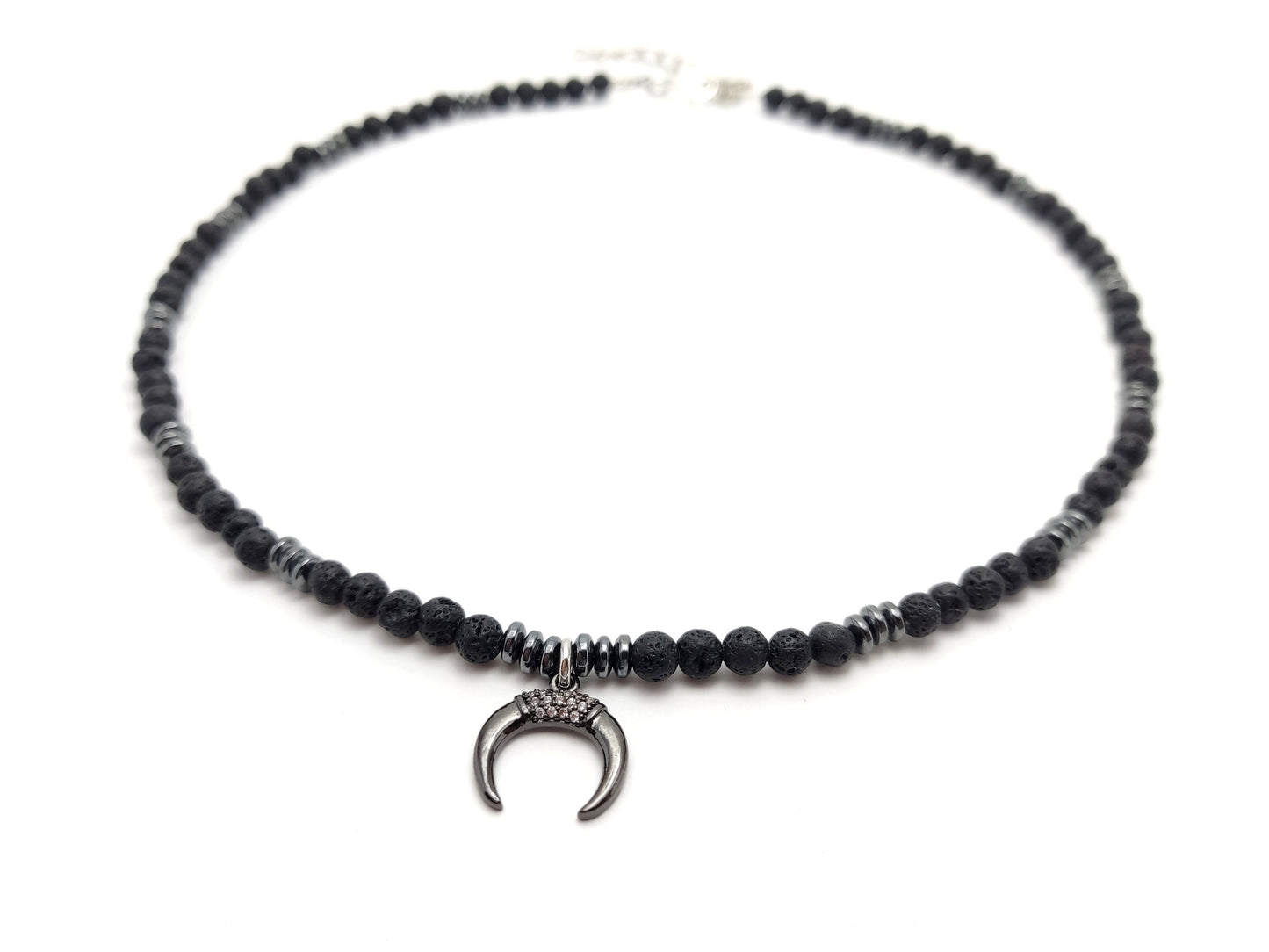 Volcanic Lava Greek Necklace Horns Pendant, Mens Womens Unisex Jewelry From Greece, Trendy Fashion Black Stones Good Luck Necklaces, Lava