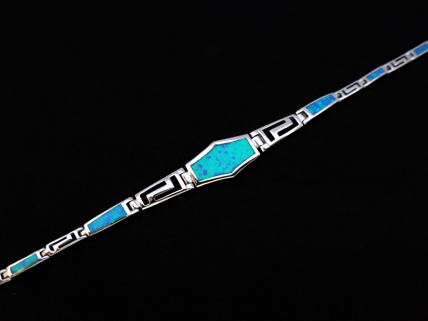 Greek Silver Opal Gradual Bracelet, Meander Jewelry Made Of Blue Opal Stones In Greece, Griechischer Blau Opal Schmuck, Bijoux Grecque