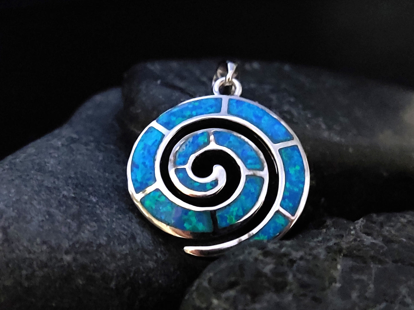 Sterling Silver 925 Fire Rainbow Blue Opal Greek Spiral Small Pendant 23mm, Ancient Greek Spiral Swirl Vortex Opal Pendant, Opal Jewelry