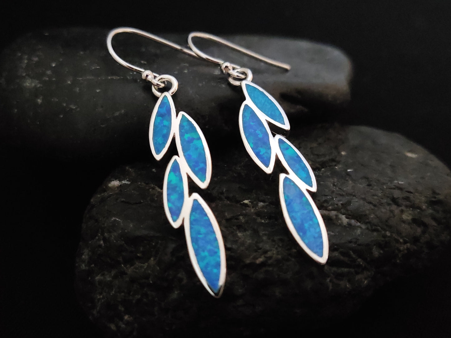 Sterling Silver 925 Greek Leaf Leaves Blue Opal Dangle Earrings 35x8mm, Leaf Silver Earrings, Griechische Ohrringe, Bijoux Grecque, 25x12mm