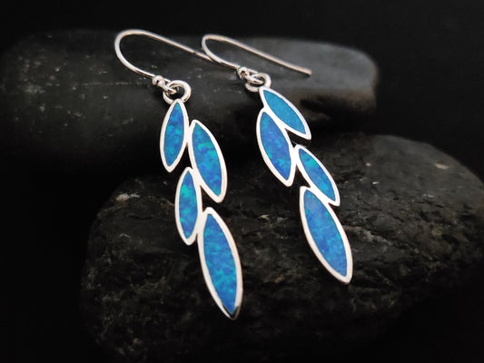 Sterling Silver 925 Greek Leaf Leaves Blue Opal Dangle Earrings 35x8mm, Leaf Silver Earrings, Griechische Ohrringe, Bijoux Grecque, 25x12mm