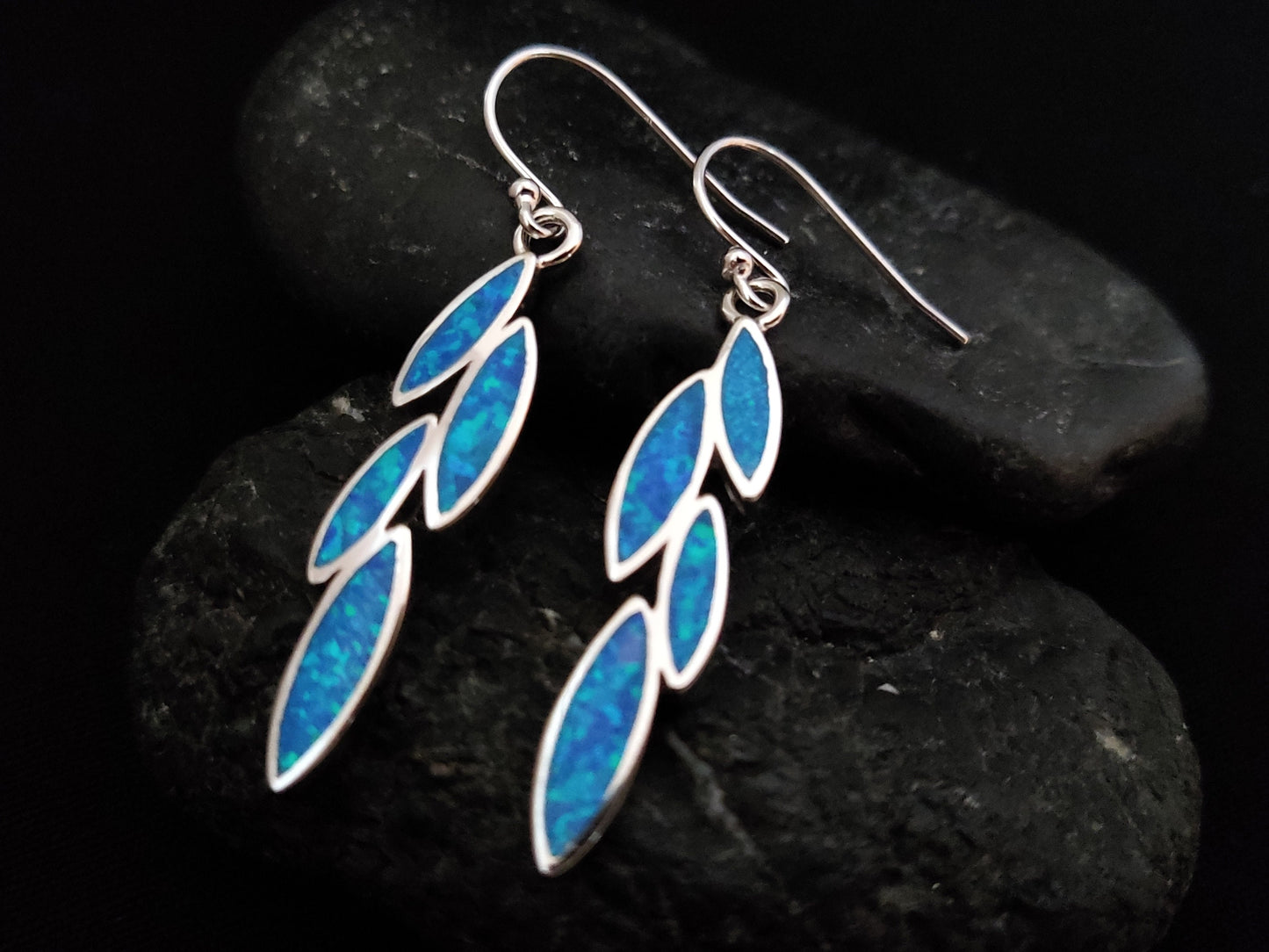Sterling Silver 925 Greek Leaf Leaves Blue Opal Dangle Earrings 35x8mm, Leaf Silver Earrings, Griechische Ohrringe, Bijoux Grecque, 25x12mm