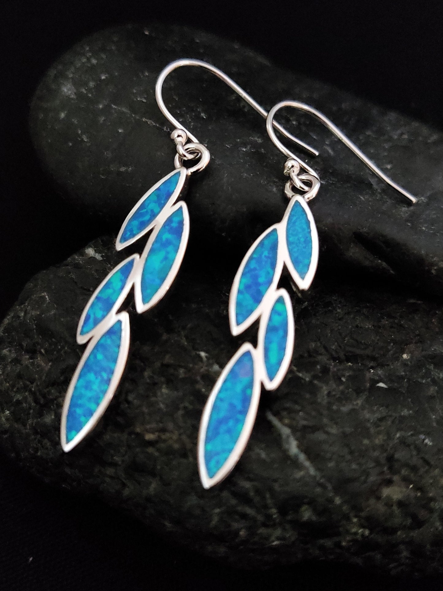 Sterling Silver 925 Greek Leaf Leaves Blue Opal Dangle Earrings 35x8mm, Leaf Silver Earrings, Griechische Ohrringe, Bijoux Grecque, 25x12mm