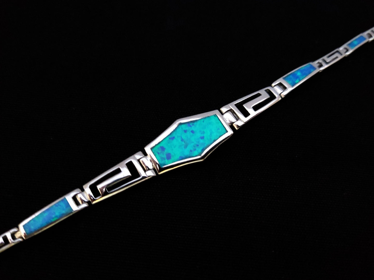 Greek Silver Opal Gradual Bracelet, Meander Jewelry Made Of Blue Opal Stones In Greece, Griechischer Blau Opal Schmuck, Bijoux Grecque