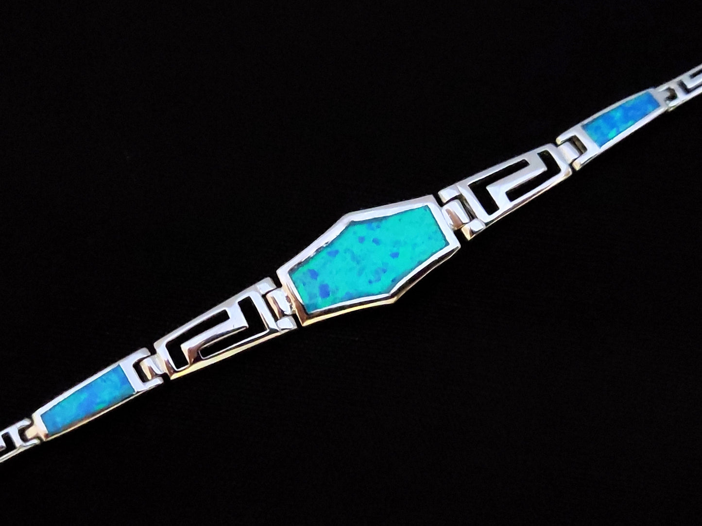 Greek Silver Opal Gradual Bracelet, Meander Jewelry Made Of Blue Opal Stones In Greece, Griechischer Blau Opal Schmuck, Bijoux Grecque