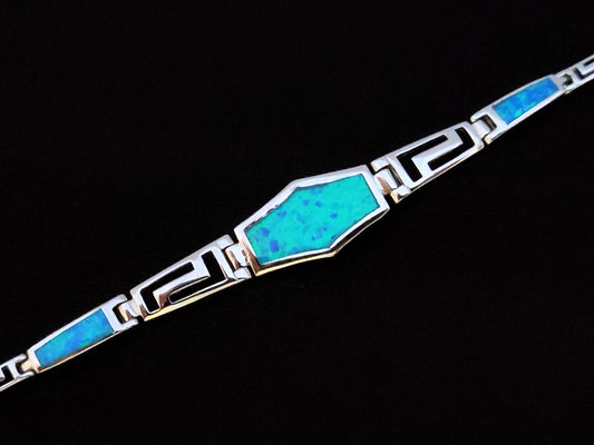 Greek Silver Opal Gradual Bracelet, Meander Jewelry Made Of Blue Opal Stones In Greece, Griechischer Blau Opal Schmuck, Bijoux Grecque