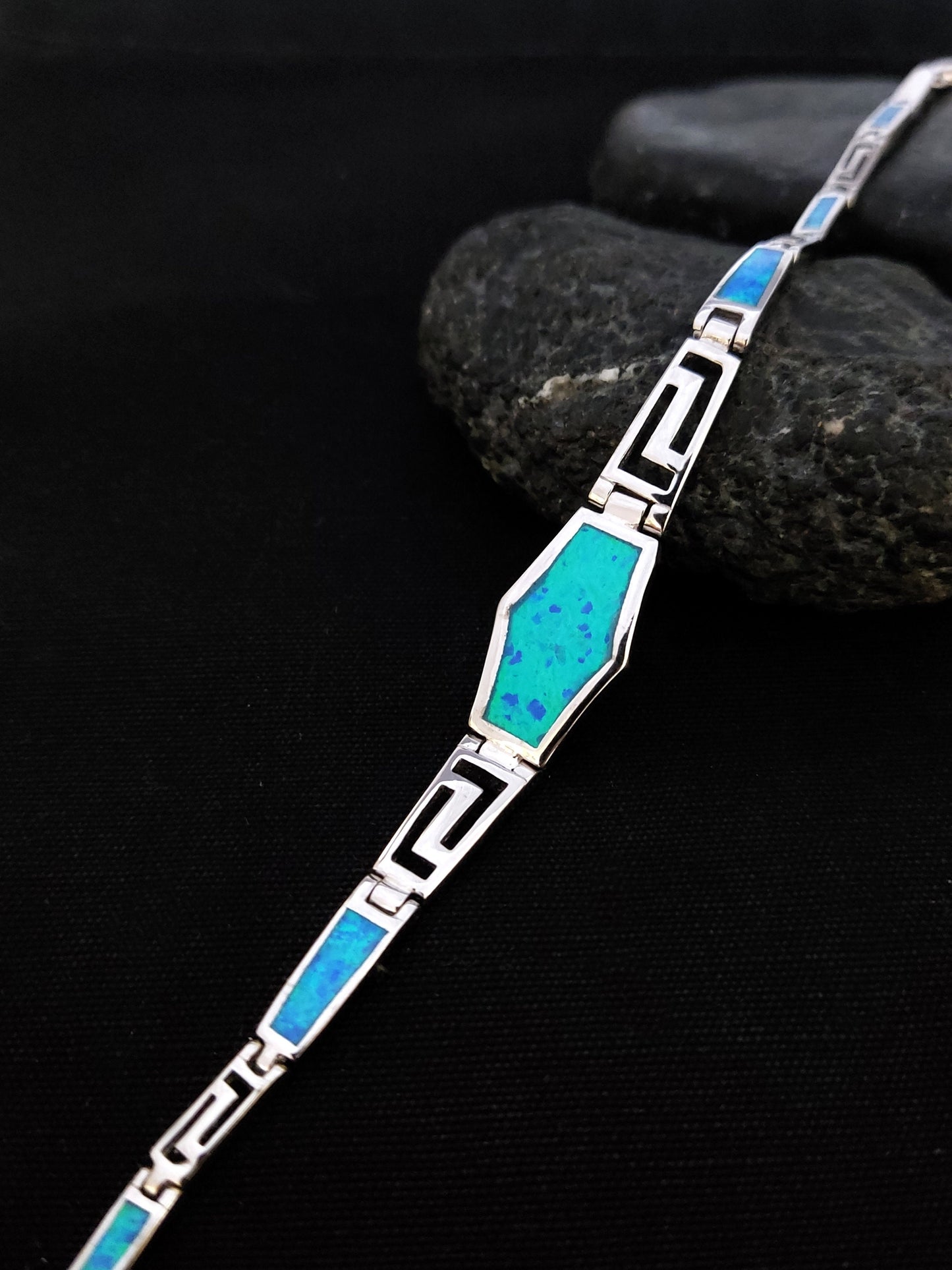 Greek Silver Opal Gradual Bracelet, Meander Jewelry Made Of Blue Opal Stones In Greece, Griechischer Blau Opal Schmuck, Bijoux Grecque