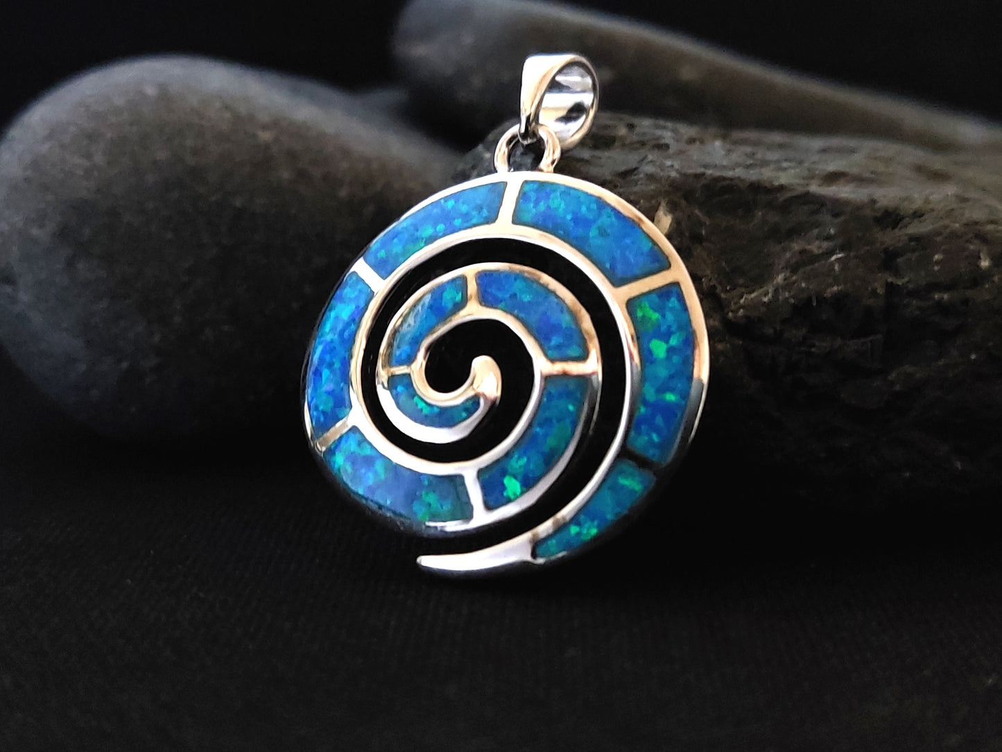 Sterling Silver 925 Fire Rainbow Blue Opal Greek Spiral Small Pendant 23mm, Ancient Greek Spiral Swirl Vortex Opal Pendant, Opal Jewelry