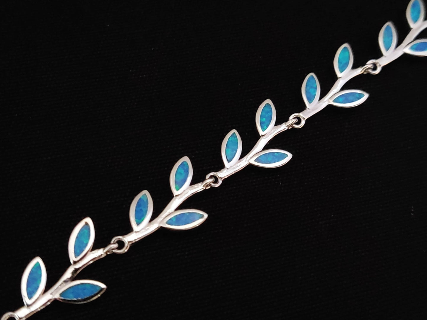 Greek Leaf Leaves Blue Opal Silver Bracelet