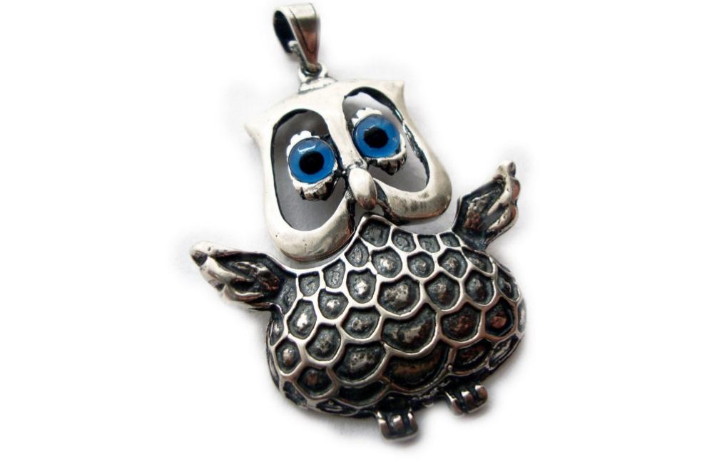 Sterling Silver 925 Greek Goddess Athena's Owl Big Pendant, Griechischer Silber Anhanger Eule, Bijoux Grecque Chouette Hibou, Silver Owl
