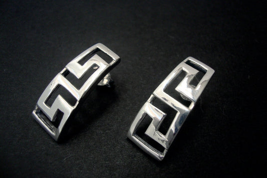 Greek Earrings, Sterling Silver 925 Ancient Greek Narrow Eternity Key Meander Earrings, Griechische Silber Meander Ohrringe Schmuck, Grecs