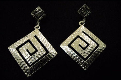 Greek Silver Earrings, Sterling Silver 925 Modern Hammered Greek Eternity Key, BIG Dangle Earrings, Meander Earrings, Griechische Ohrringe