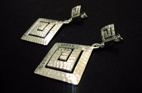 Greek Silver Earrings, Sterling Silver 925 Modern Hammered Greek Eternity Key, BIG Dangle Earrings, Meander Earrings, Griechische Ohrringe
