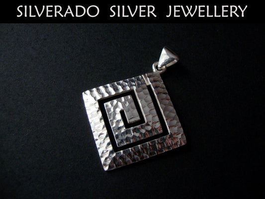 Sterling Silver 925 Ancient Greek Eternity Key Meander Hammered Pendant 30x30 mm