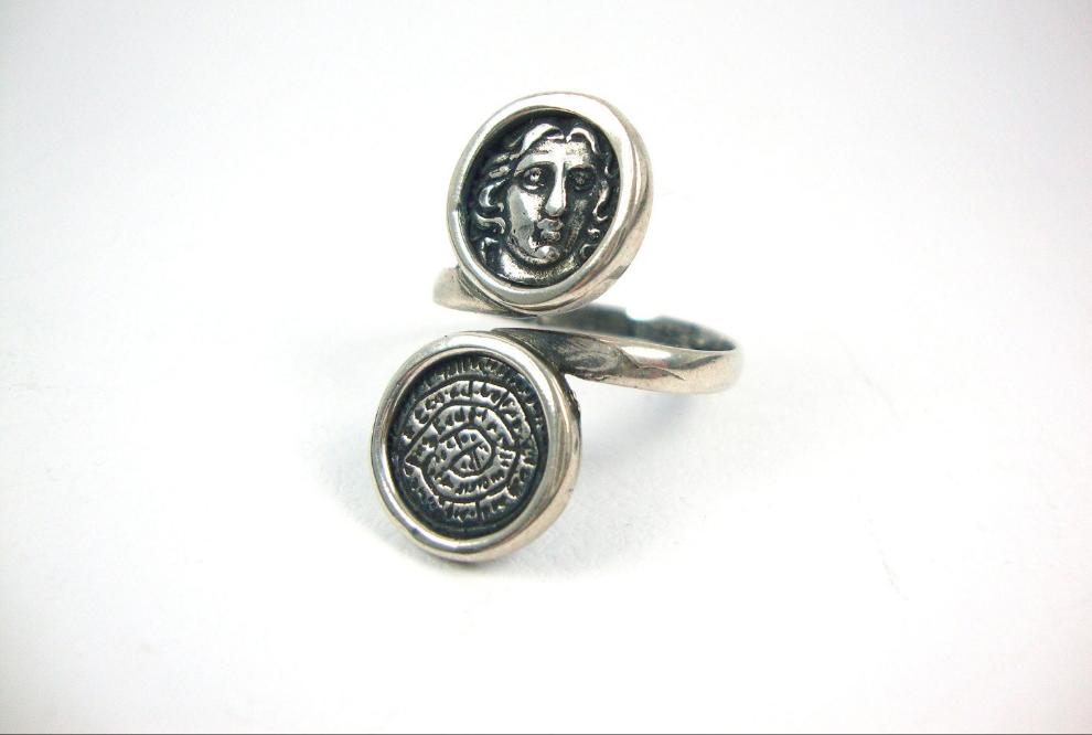 Sterling Silver 925 Ancient Greek God Helios Coin & Minoan Phaistos Disc Ring US 10 FR 62