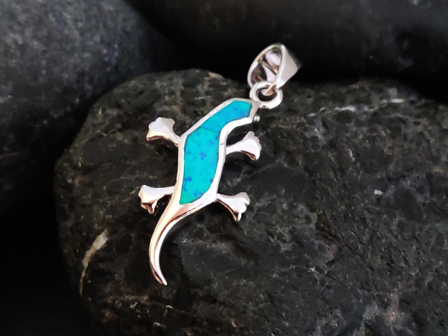 Blue Opal Silver Salamander Pendant 20x13mm