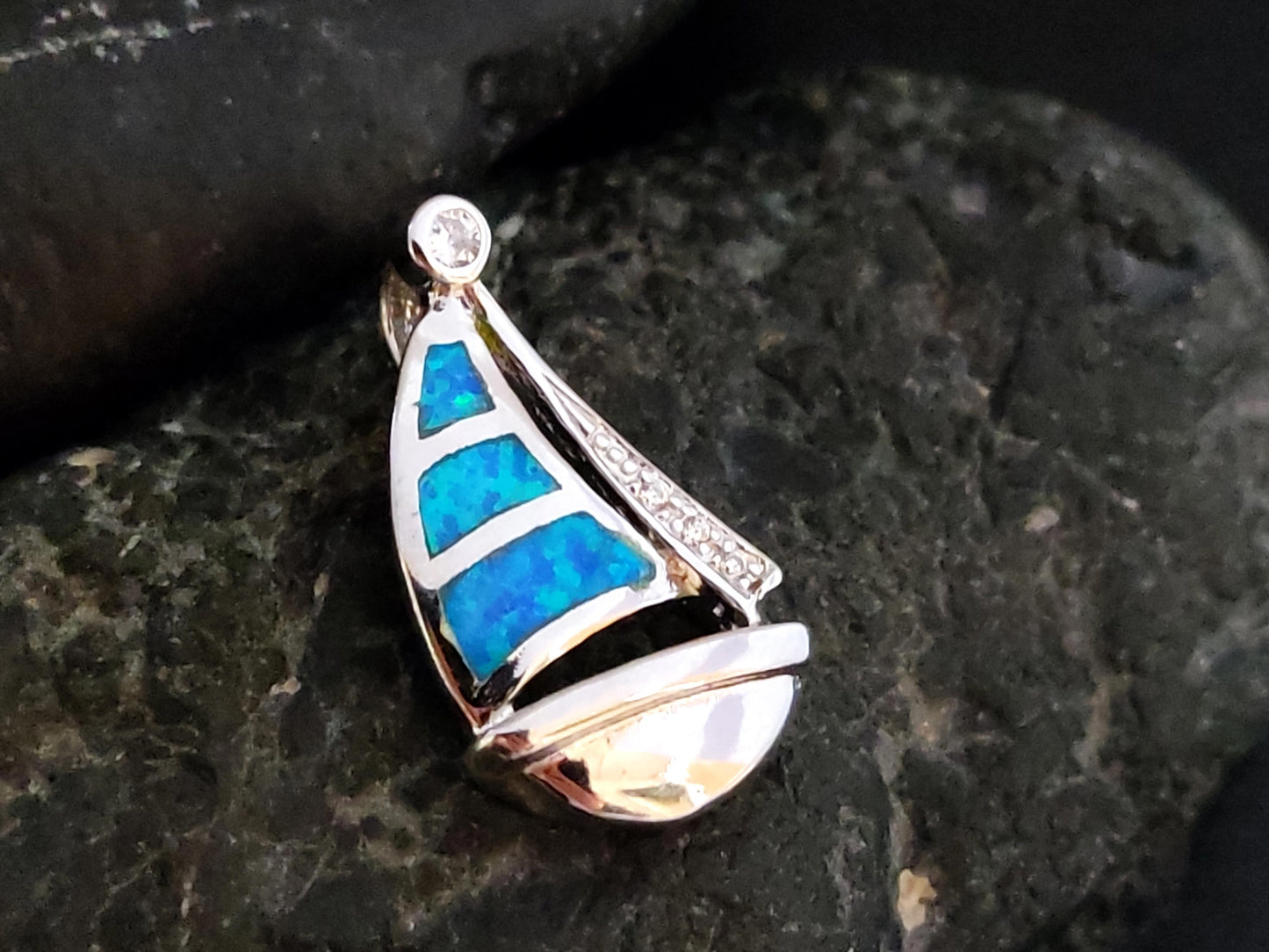 Blue Opal Sail Boat Pendant 20x13mm