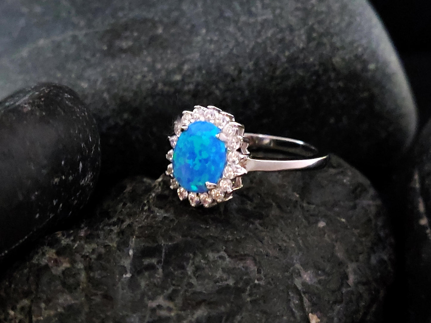 Sterling Silver 925 Oval Rosetta Blue Opal Small Modern Ring 12x10mm