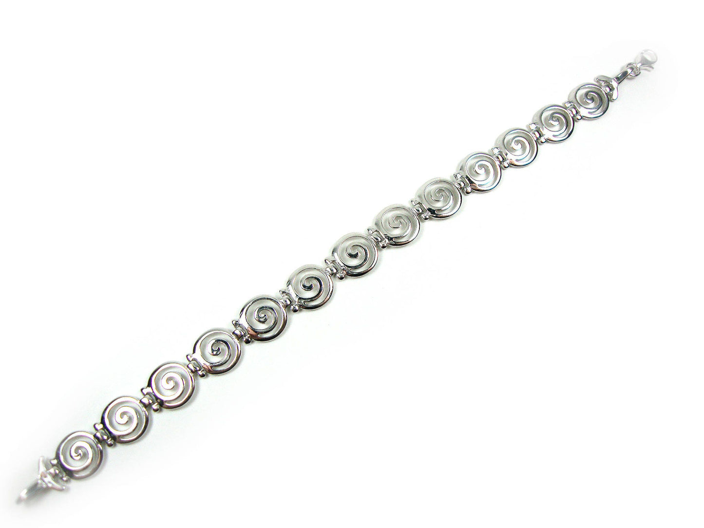 Beautiful spiral Greek bracelet made of silver on white background measuring 10mm width.