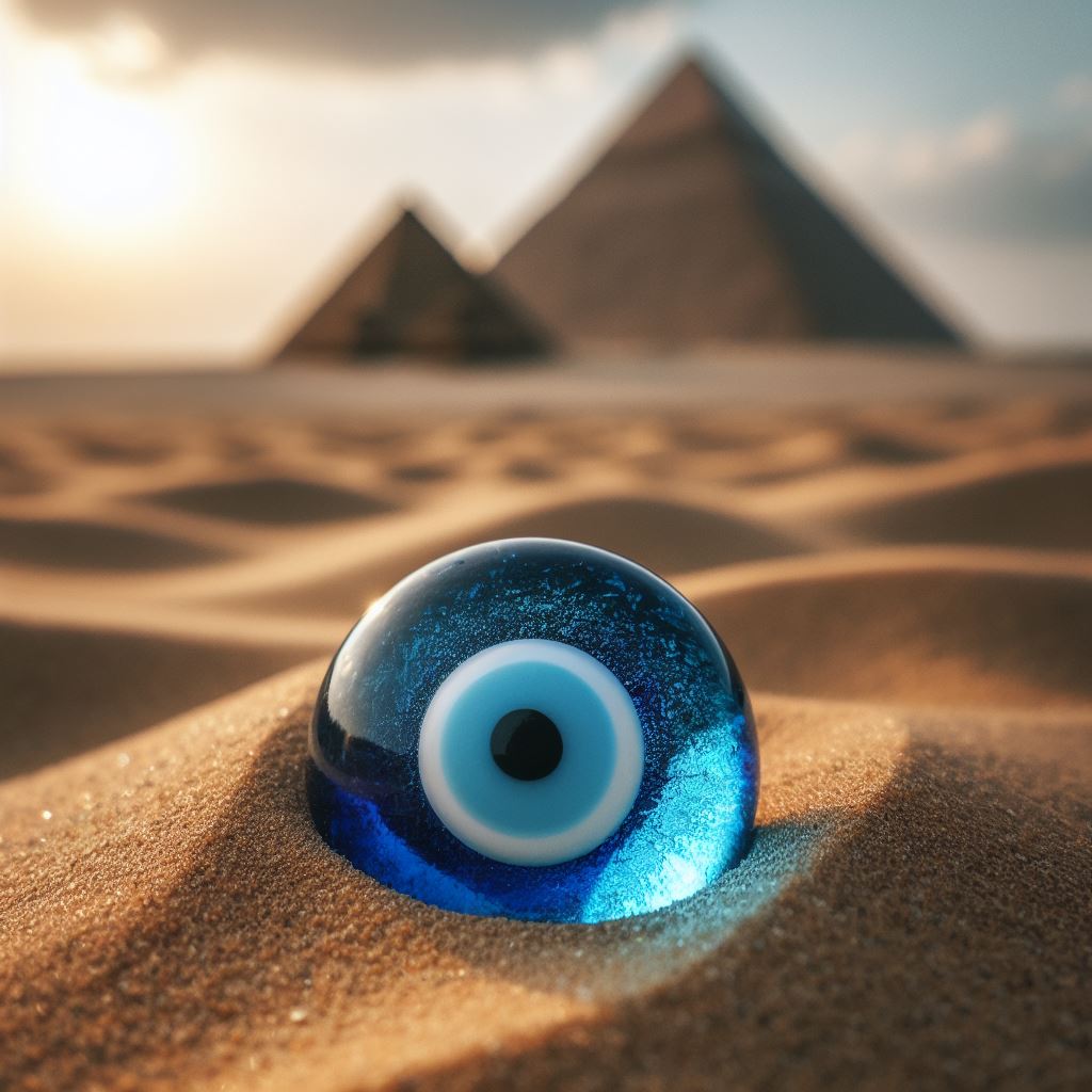 A half buried in the sand glass blue evil eye charm with pyramids at the background. This post explains the meaning and the origin of the blue evil eye through time.