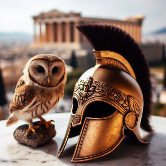 Goddess Athena helmet next to a Greek owl and in the background a blurry sight of the Parthenon Of Athens